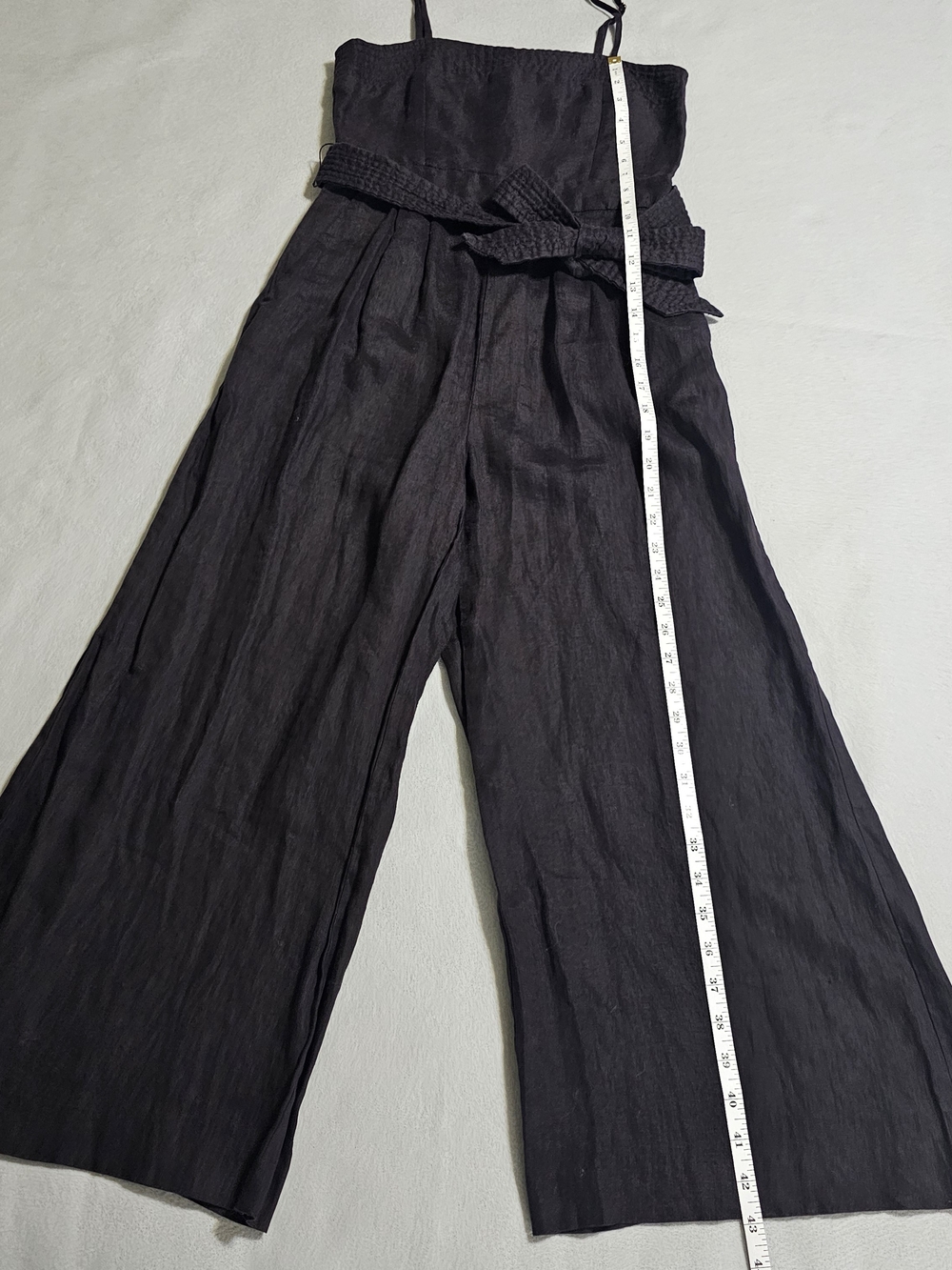 J.Crew 100% Linen Wide Leg Jumpsuit Black Tie Waist Cropped Size 00 Petite - Picture 10 of 12